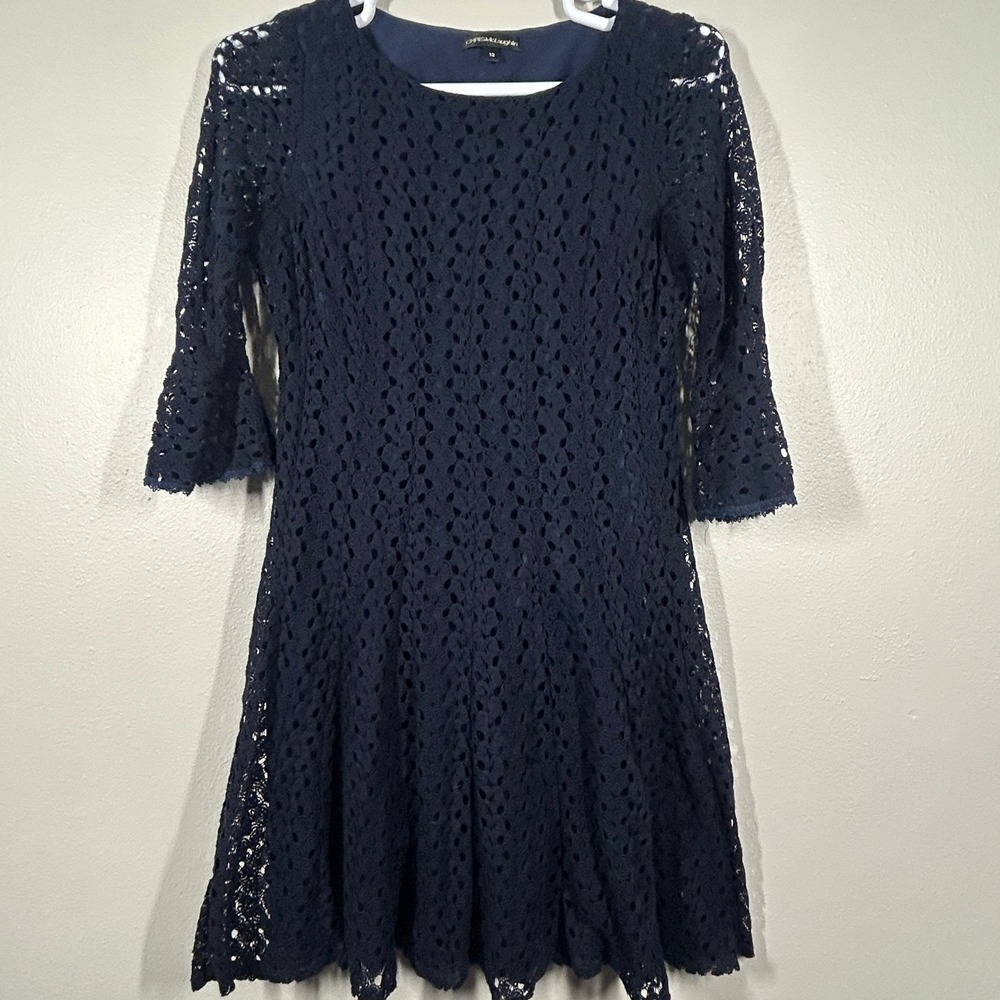 Chris McLaughlin Navy Blue Floral Lace Fit Flare Bell Sleeve Dress 12